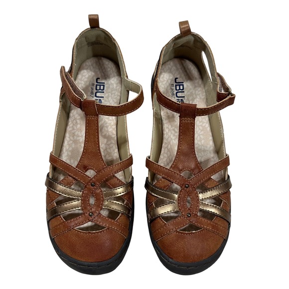 JBU Memory Foam Women's Sandals Brown PU Leather Comfort Flat‎ Mary Jane Size 8M - Picture 1 of 10